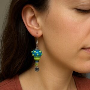Glass bead Earrings green blue silvertone handmade dangle 2” fish hook pierced